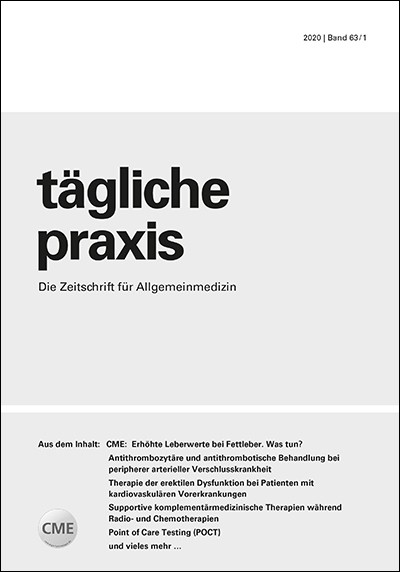 Cover der Zeitschrift 'tägliche praxis': Zeitschrift für Allgemeinmedizin, schlichtes graues Design.
